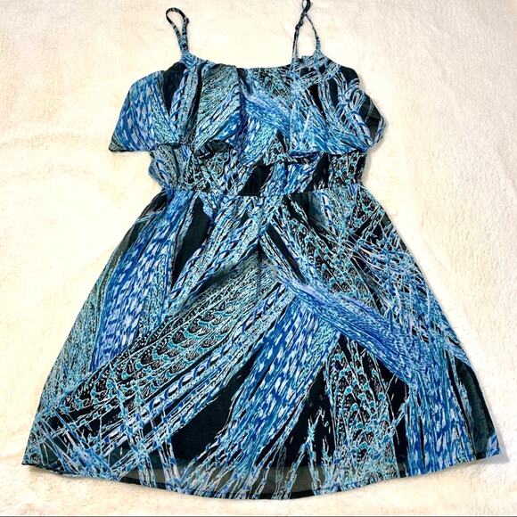 Lily Rose Mini Dress Blue Green Black Print Sleeveless Ruffle Mini Dress Medium - Picture 4 of 9